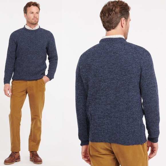 Barbour Heathered Blue 100% Wool Ribbed Knit Horseford Crewneck Sweater - Picture 1 of 7